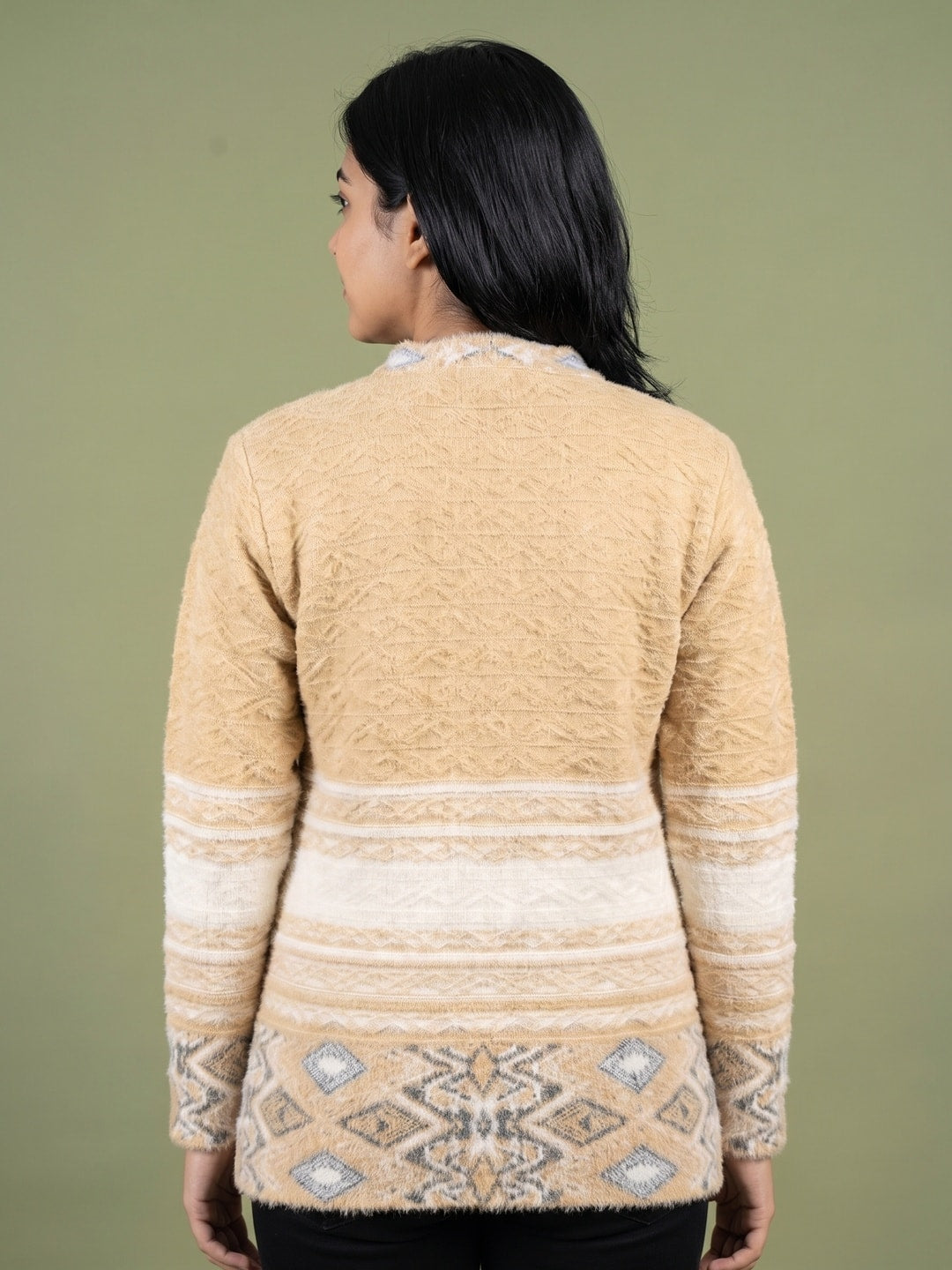 Peachmode Beige Cable Knit Aztec Border Woolen Cardigan - Image 4