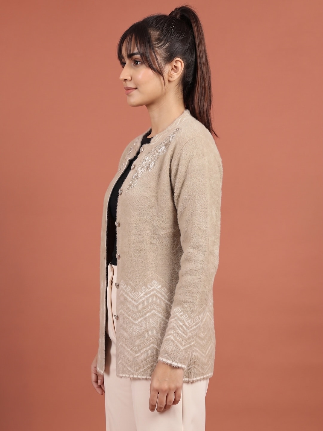 Peachmode Camel Brown Floral Yoke Chevron Hem Woolen Cardigan - Image 3