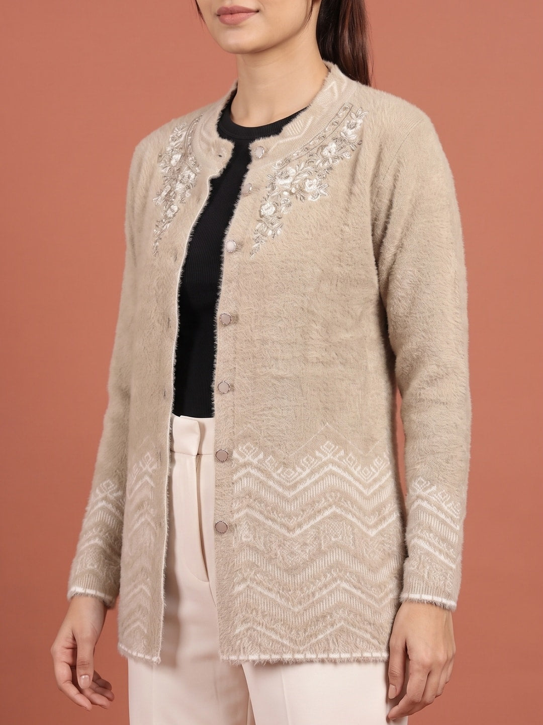 Peachmode Camel Brown Floral Yoke Chevron Hem Woolen Cardigan - Image 5