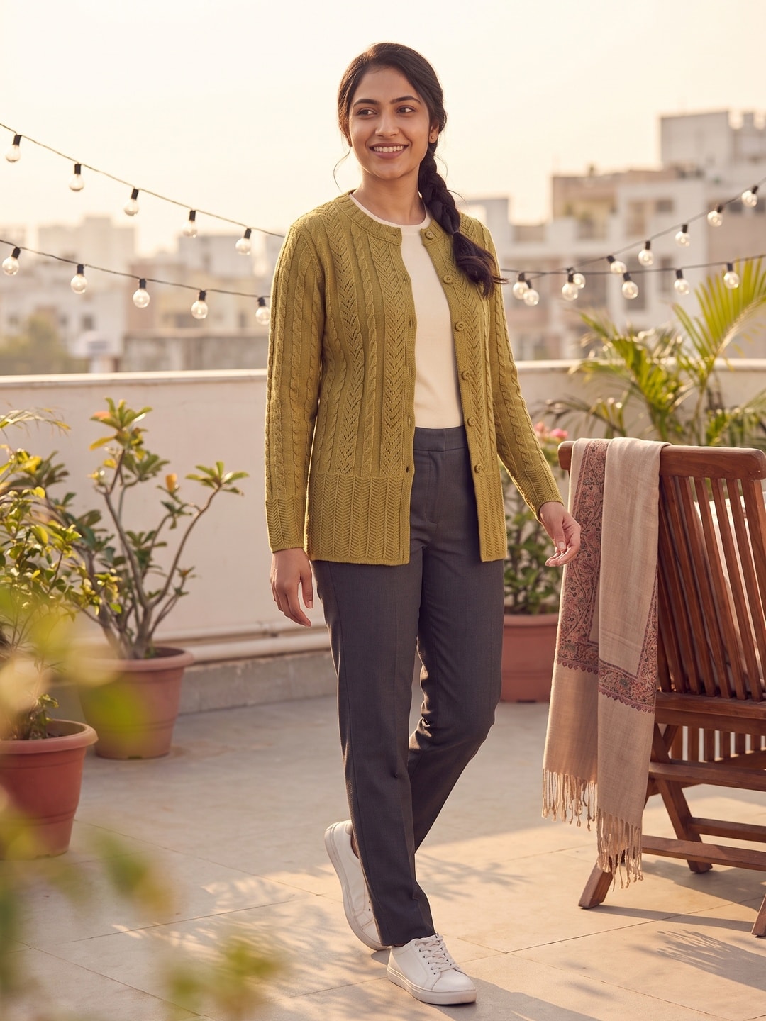 Mehndi Woolen Knit Cardigan - Image 2