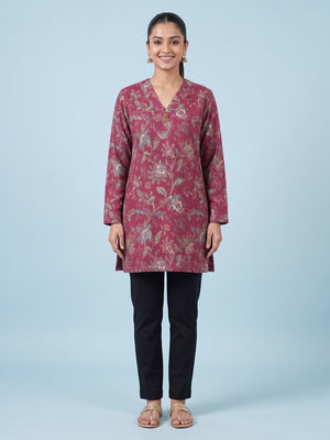 Peachmode DPINK Woolen Floral Printed Kurti - Image 1