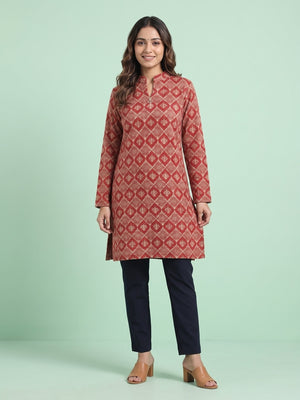 Peachmode Red Woolen Geometric Floral Printed Kurti - Image 1