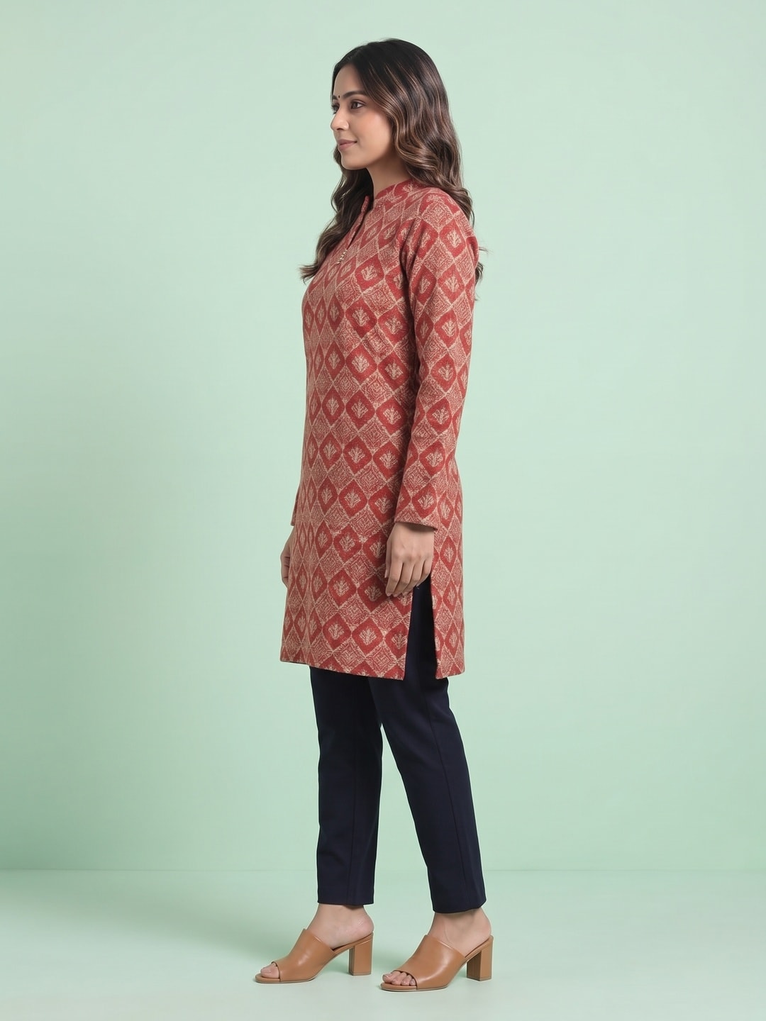 Peachmode Red Woolen Geometric Floral Printed Kurti - Image 3