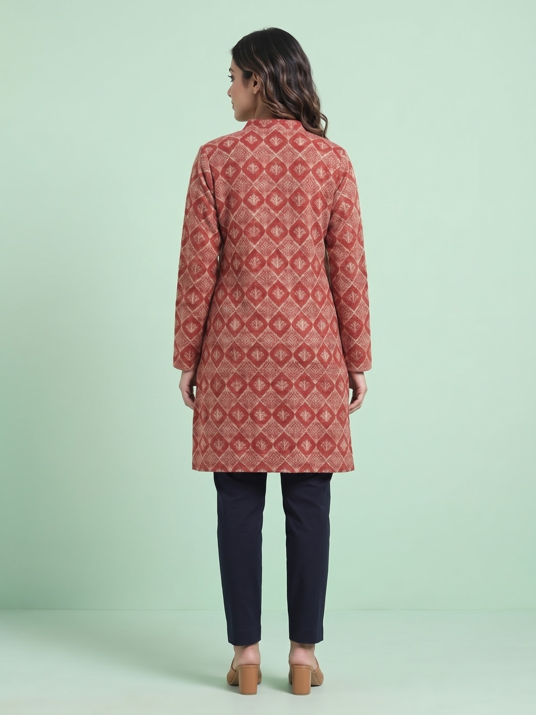 Peachmode Red Woolen Geometric Floral Printed Kurti - Image 4