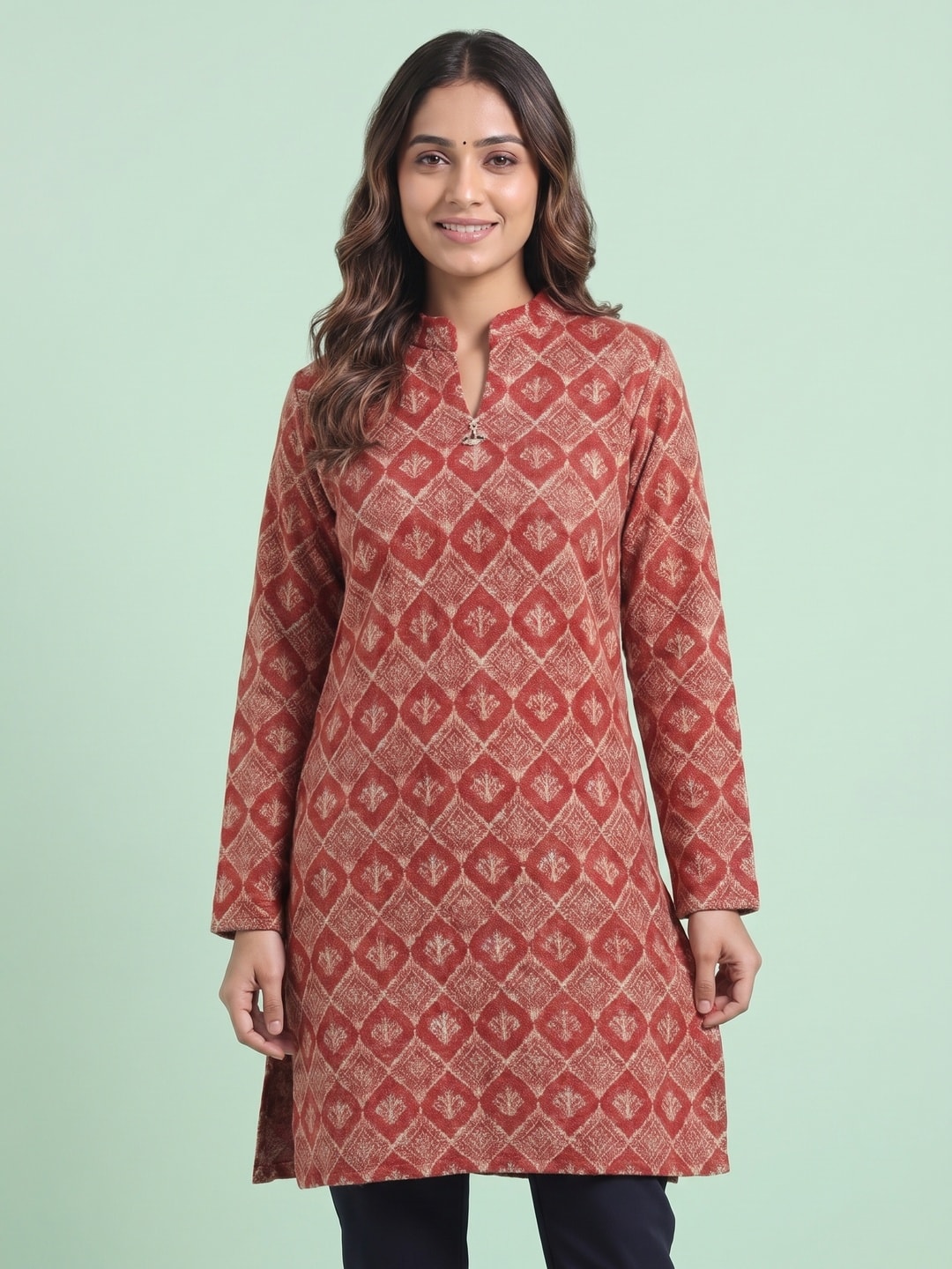 Peachmode Red Woolen Geometric Floral Printed Kurti - Image 5