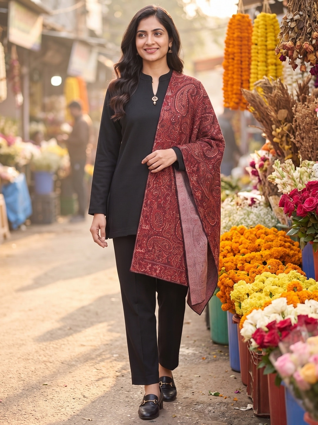 Peachmode Maroon Paisley Woolen Top Bottom Set - Image 2