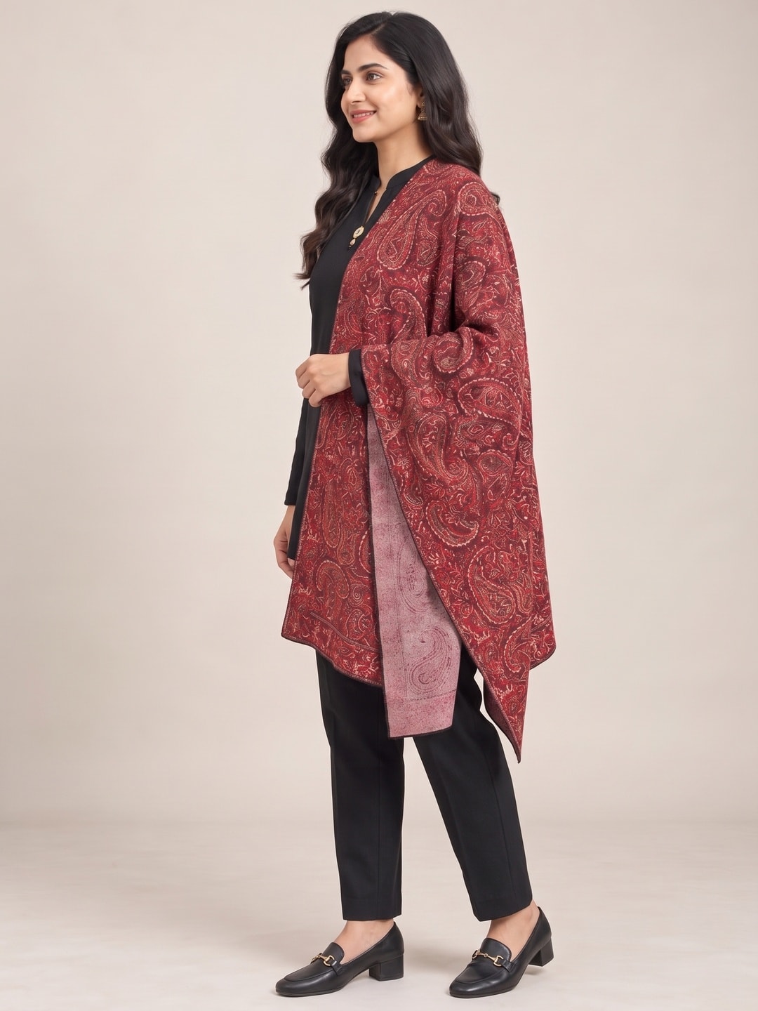Peachmode Maroon Paisley Woolen Top Bottom Set - Image 3
