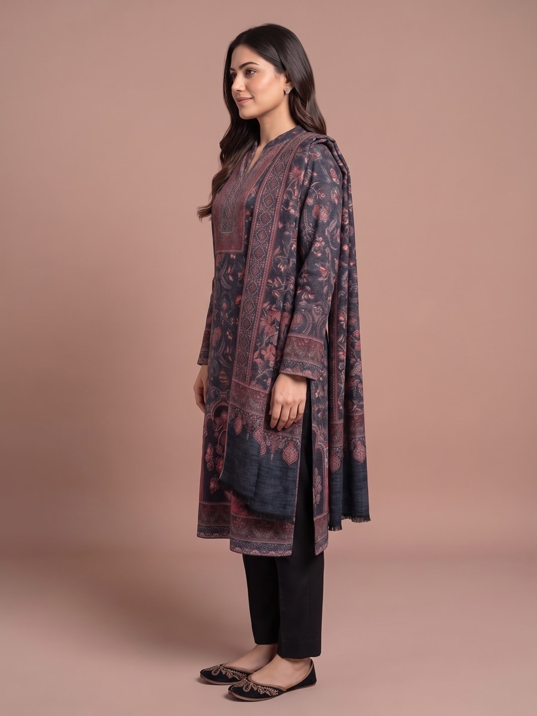 Peachmode Navy Blue Woolen Salwar Suit - Image 3