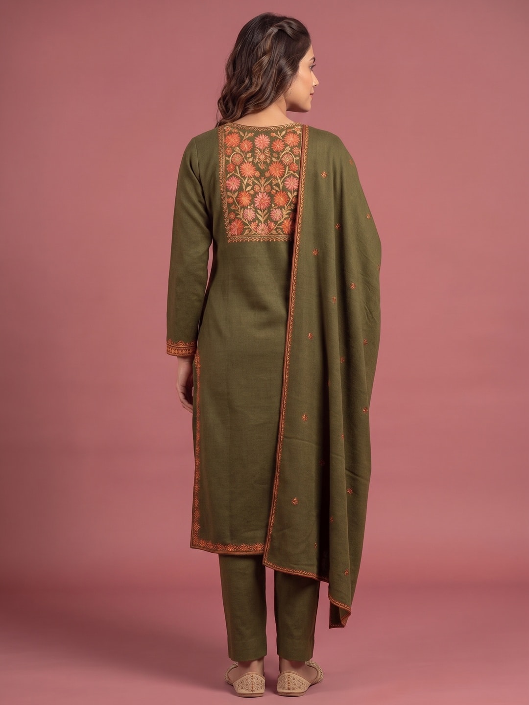 Peachmode Olive Green Woolen Salwar Suit With Floral Embroidery - Image 4