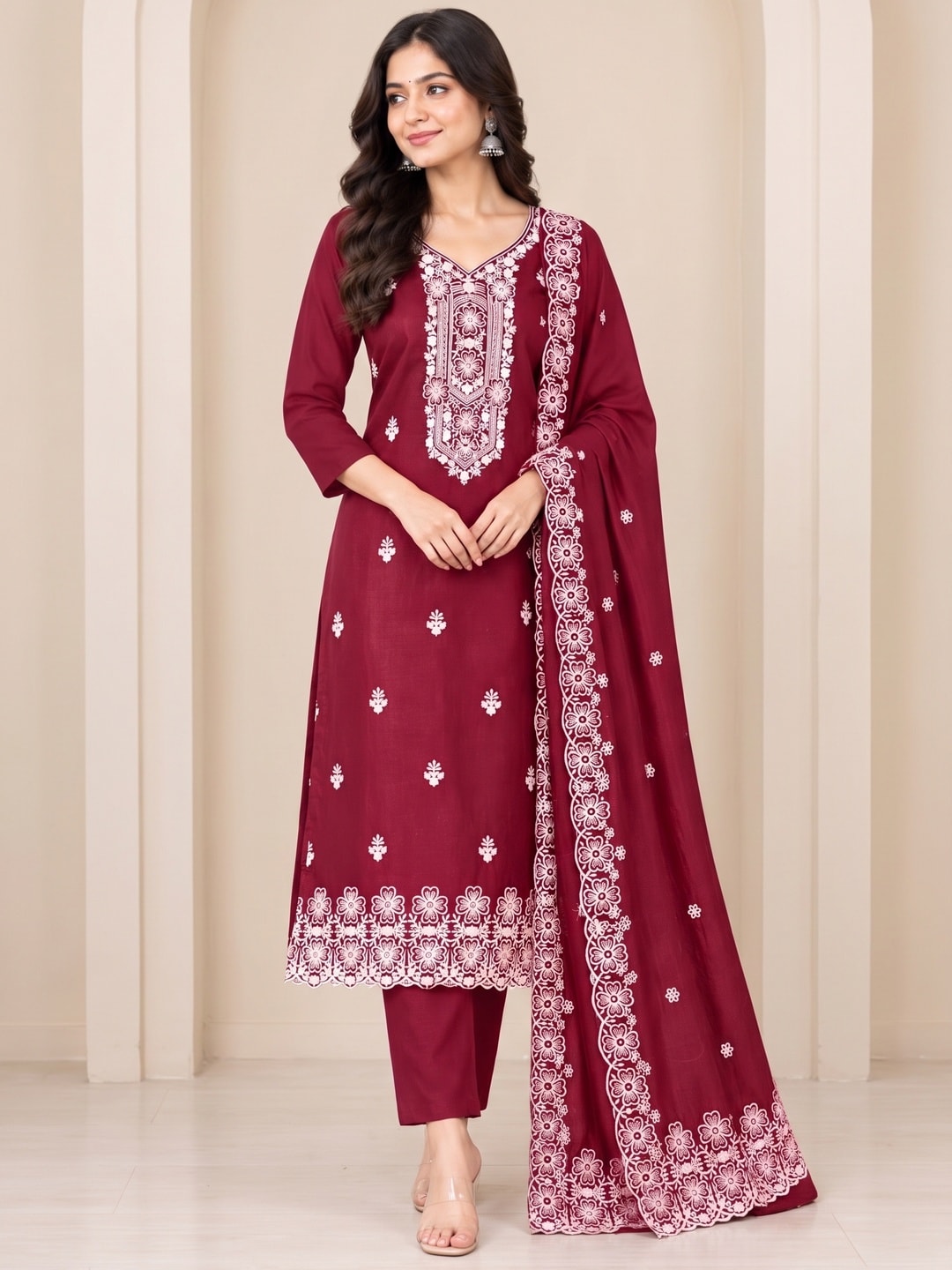 Peachmode Maroon Chikankari Thread Work Jalpari Silk Dress Material - Image 2