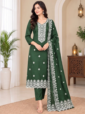 Peachmode Green Chikankari Thread Work Jalpari Silk Dress Material - Image 2