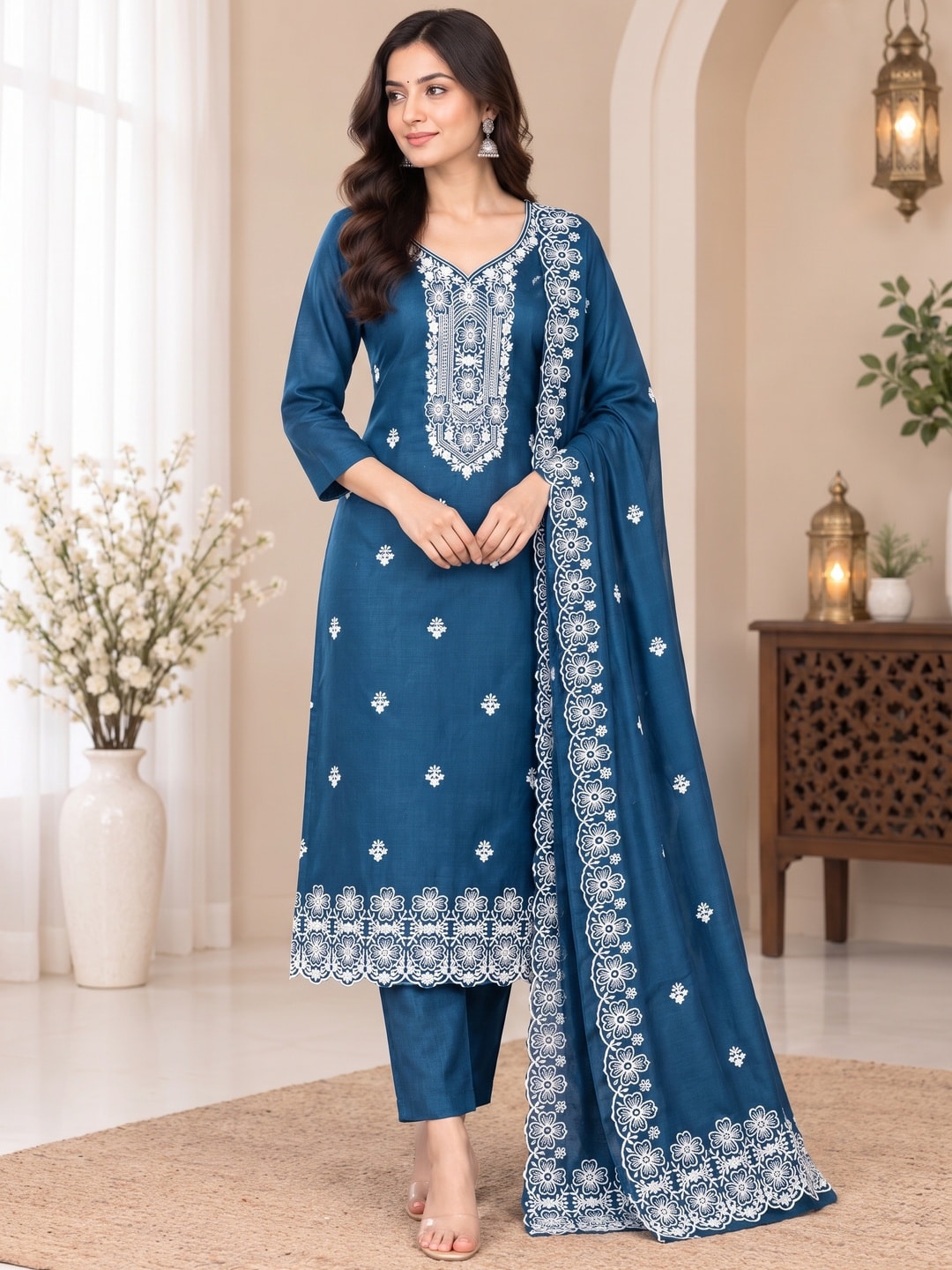 Peachmode Teal Chikankari Thread Work Jalpari Silk Dress Material - Image 2
