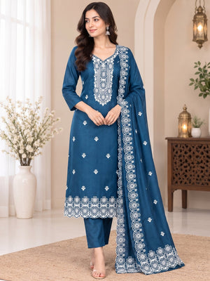 Peachmode Teal Chikankari Thread Work Jalpari Silk Dress Material - Image 2