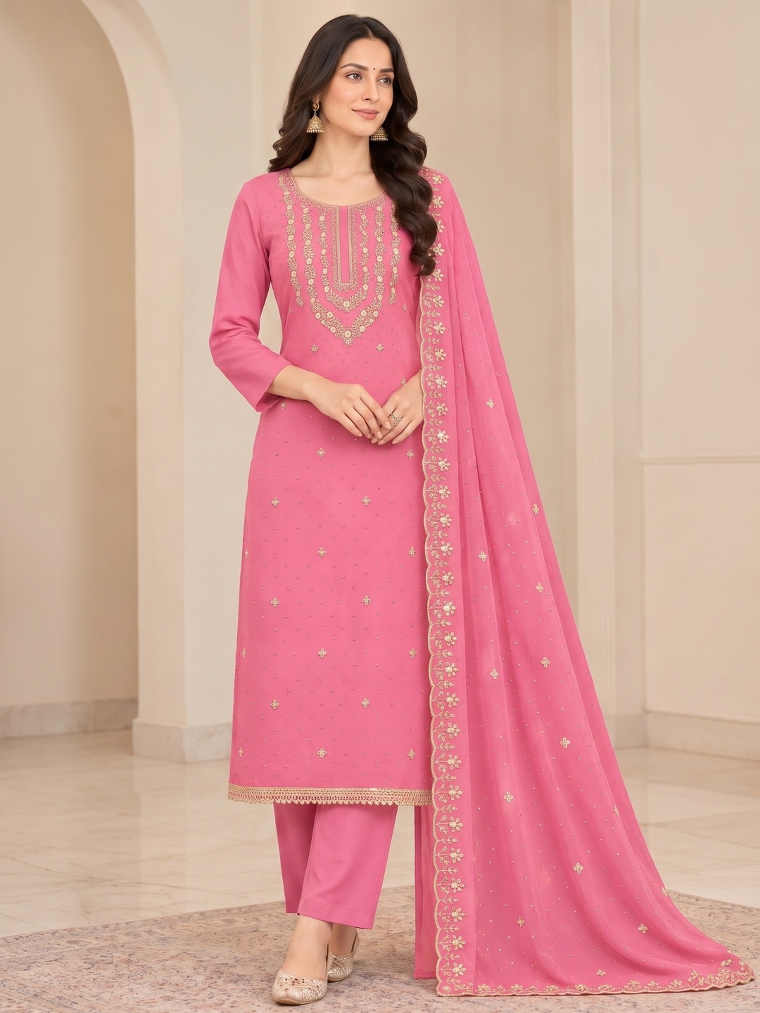 Peachmode Pink Zari Work Georgette Dress Material - Image 2