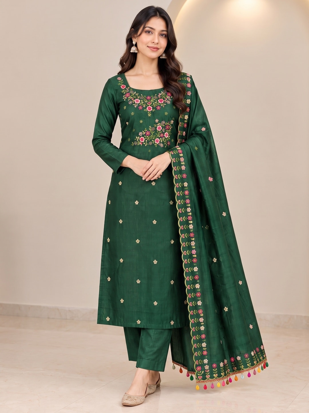 Peachmode Green Multi Thread Floral Embroidered Jalpari Silk Dress Material - Image 2