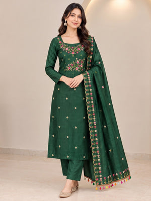 Peachmode Green Multi Thread Floral Embroidered Jalpari Silk Dress Material - Image 2