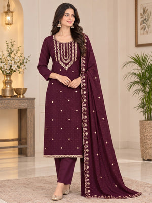 Peachmode Wine Zari Work Georgette Dress Material - Image 2