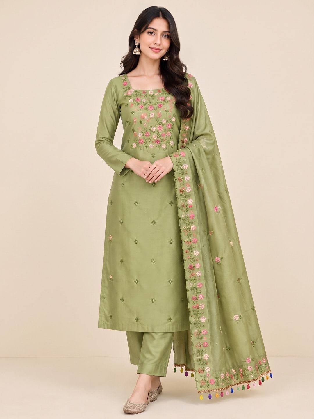 Peachmode Pista Green Multi Thread Floral Embroidered Jalpari Silk Dress Material - Image 2