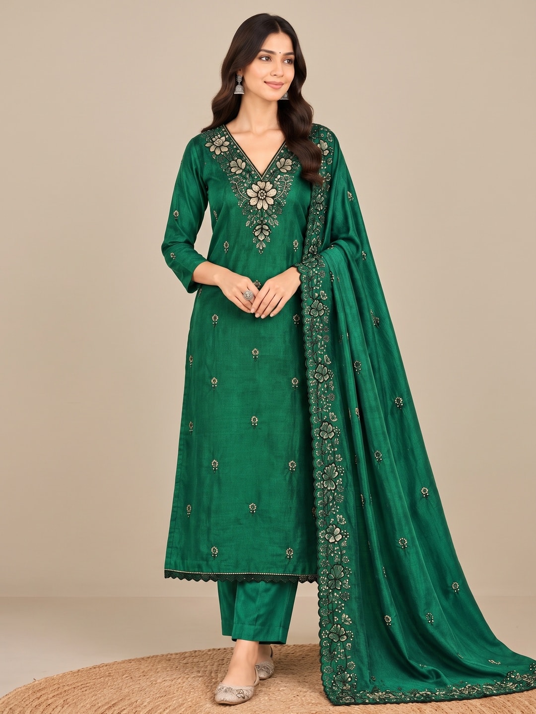 Peachmode Green Thread Sequin Embroidered Chinon Silk Dress Material - Image 2