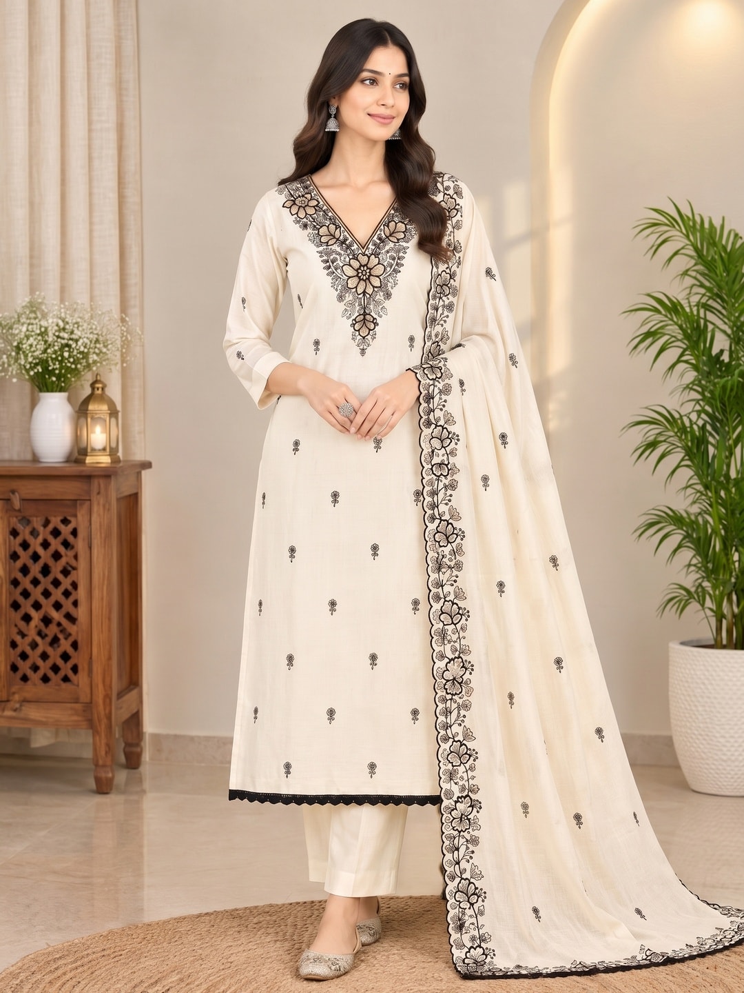 Peachmode Cream Thread Sequin Embroidered Chinon Silk Dress Material - Image 2