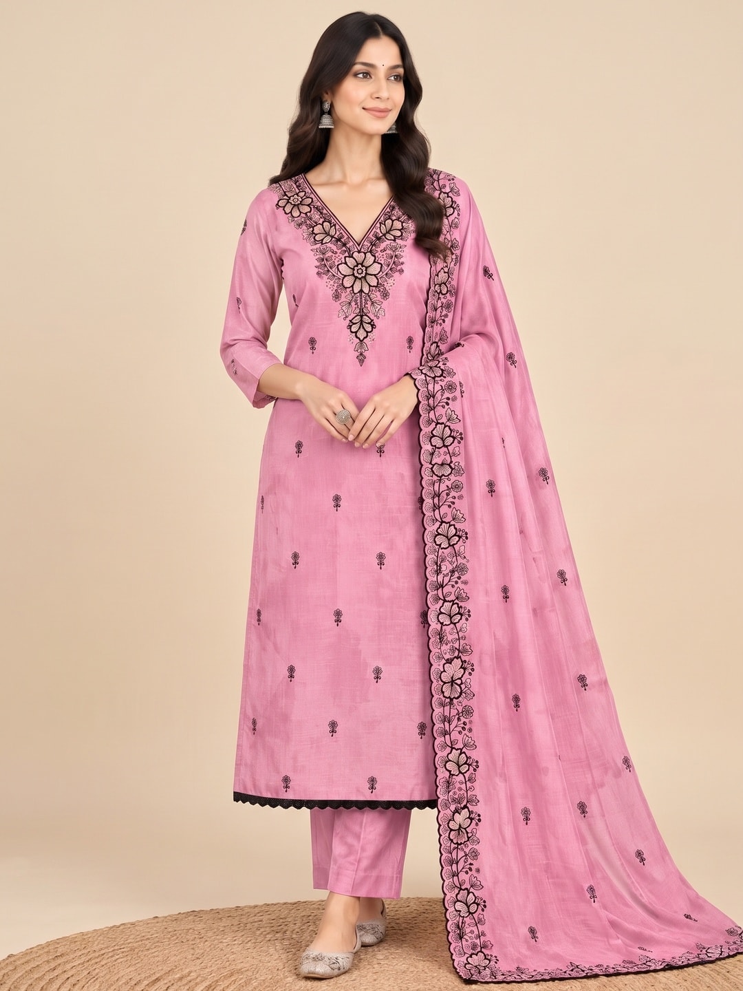 Peachmode Pink Thread Sequin Embroidered Chinon Silk Dress Material - Image 2