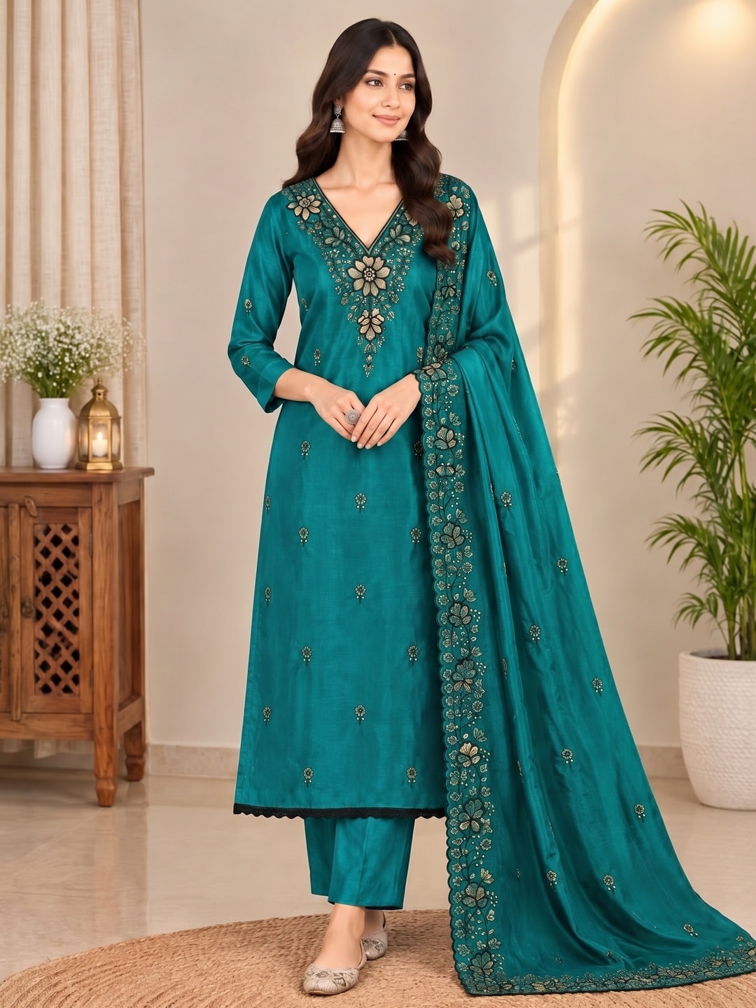 Peachmode Rama Green Thread Sequin Embroidered Chinon Silk Dress Material - Image 2