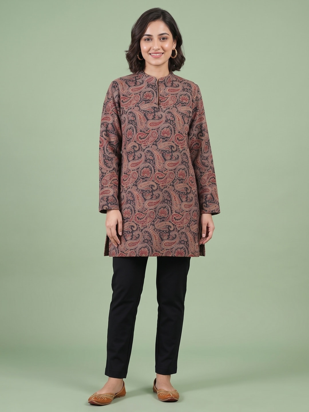 Peachmode Brown Woolen Paisley Printed Kurti - Image 1