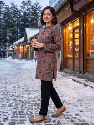 Peachmode Brown Woolen Paisley Printed Kurti - Image 2