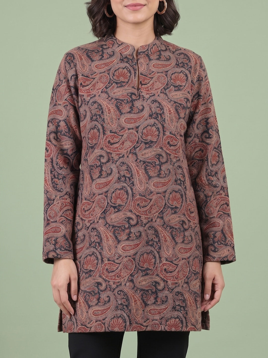 Peachmode Brown Woolen Paisley Printed Kurti - Image 5