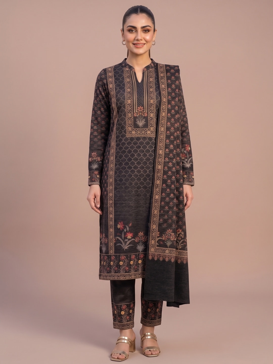 Peachmode Black Woolen Salwar Suit - Image 1