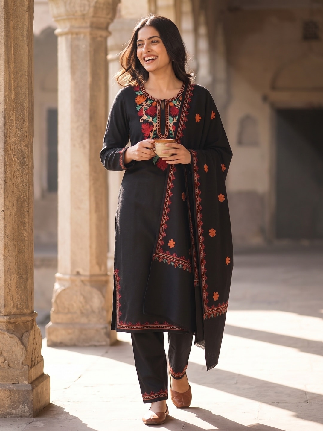 Peachmode Black Woolen Salwar Suit With Floral Embroidery - Image 2