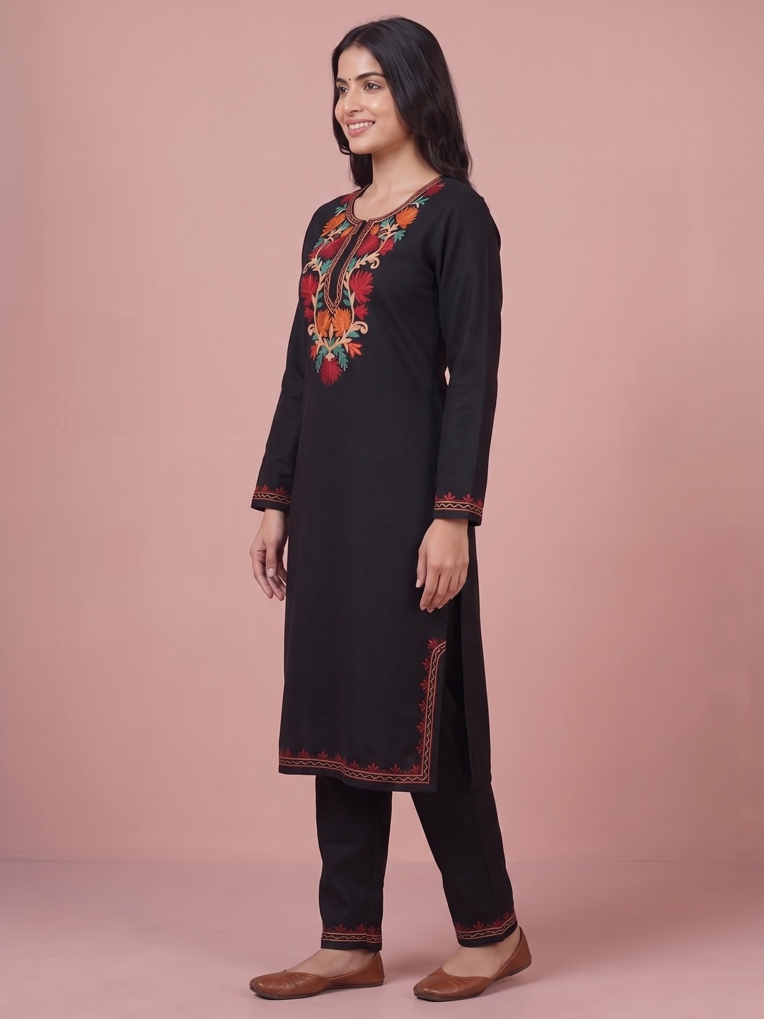 Peachmode Black Woolen Salwar Suit With Floral Embroidery - Image 3