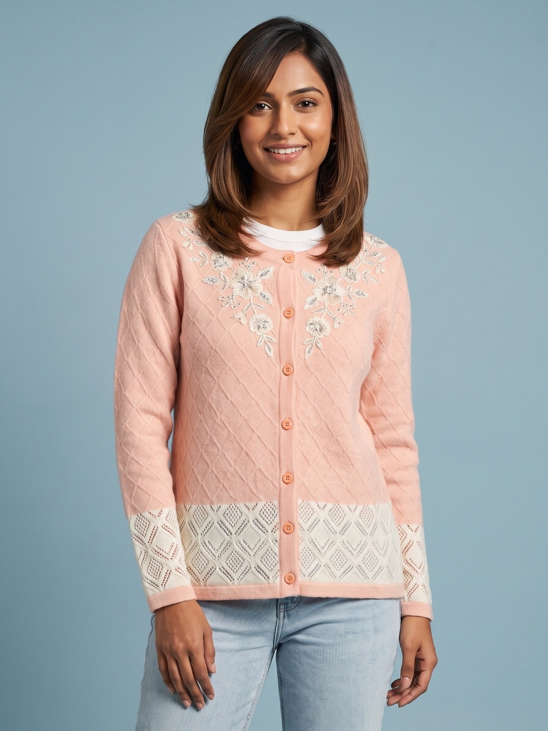 Peachmode Peach Diamond Knit Pearl Yoke Woolen Cardigan - Image 1