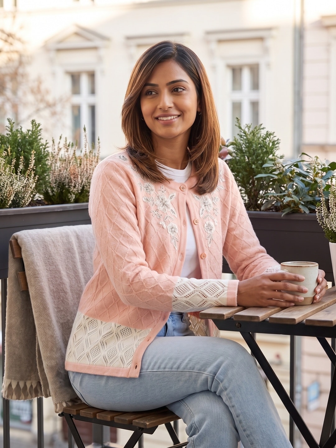 Peachmode Peach Diamond Knit Pearl Yoke Woolen Cardigan - Image 2