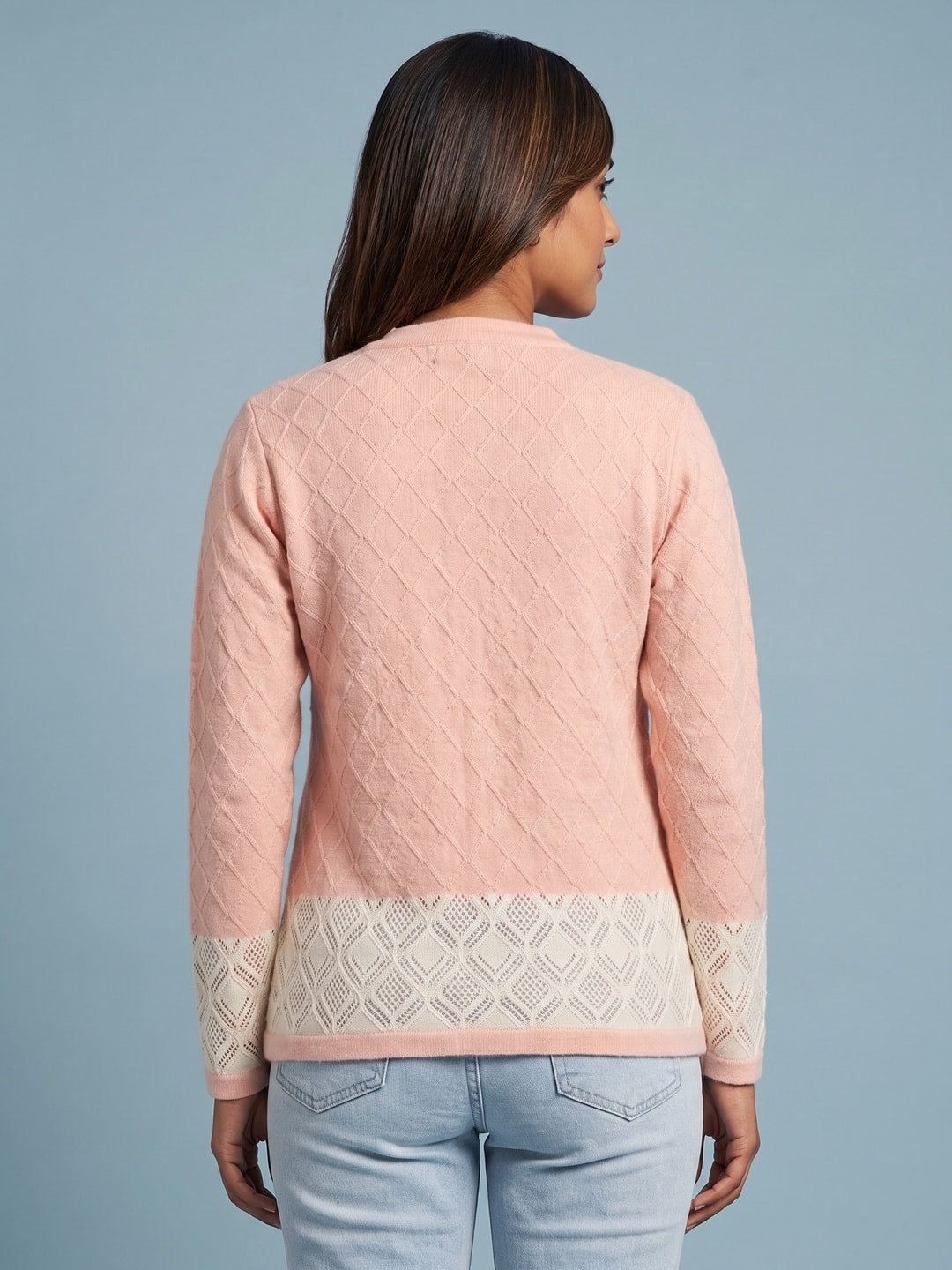 Peachmode Peach Diamond Knit Pearl Yoke Woolen Cardigan - Image 4