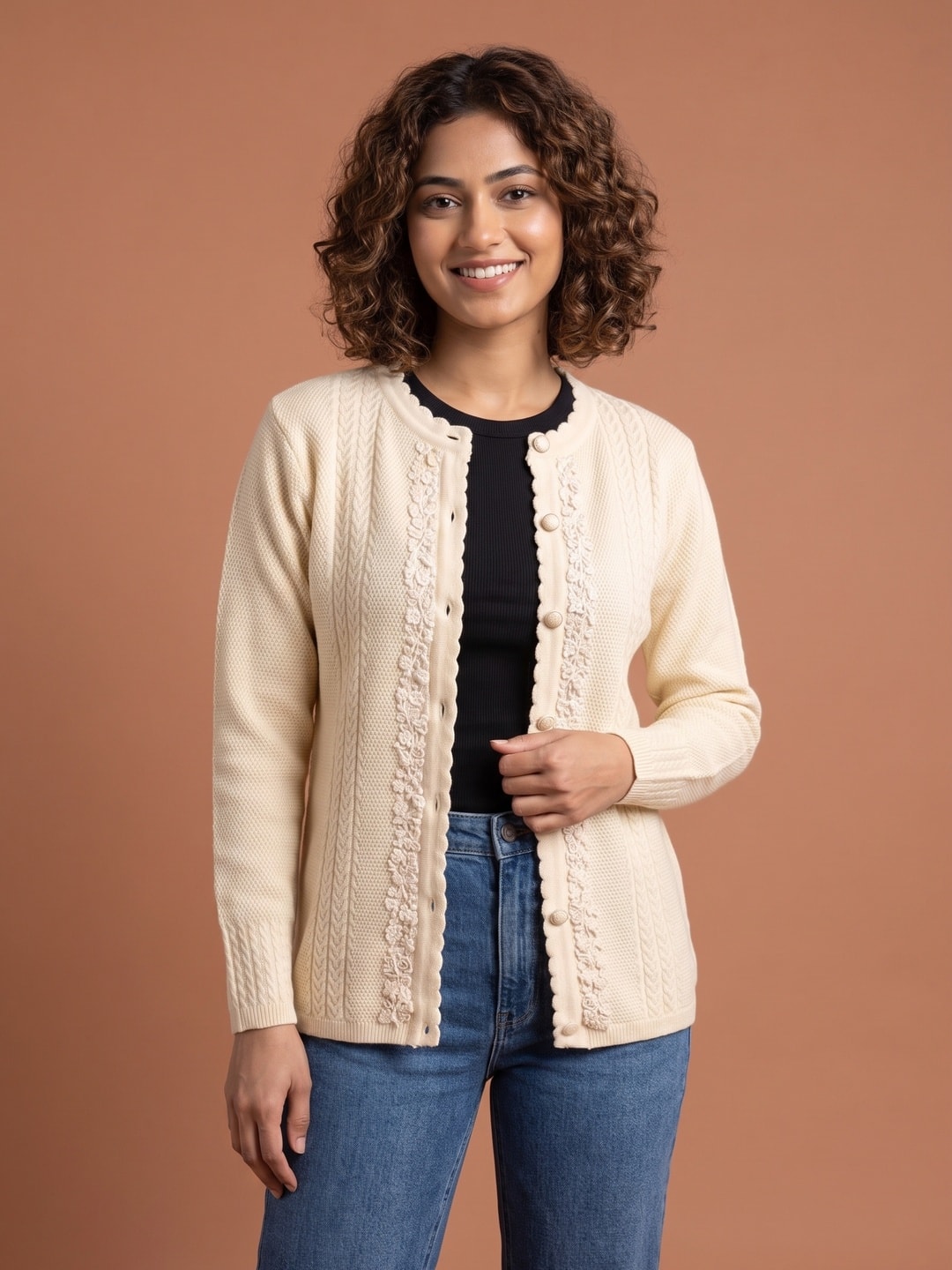 Cream Woolen Knit Cardigan - Image 1