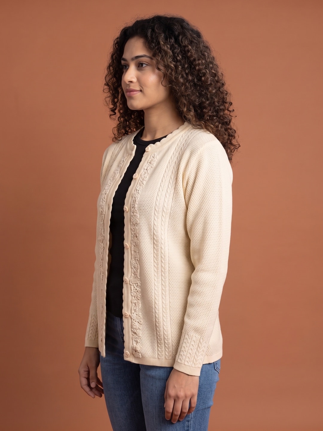 Cream Woolen Knit Cardigan - Image 3