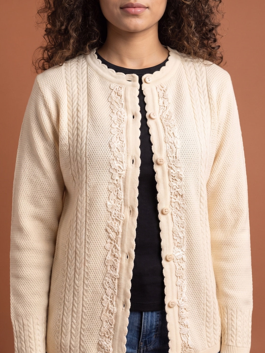 Cream Woolen Knit Cardigan - Image 5