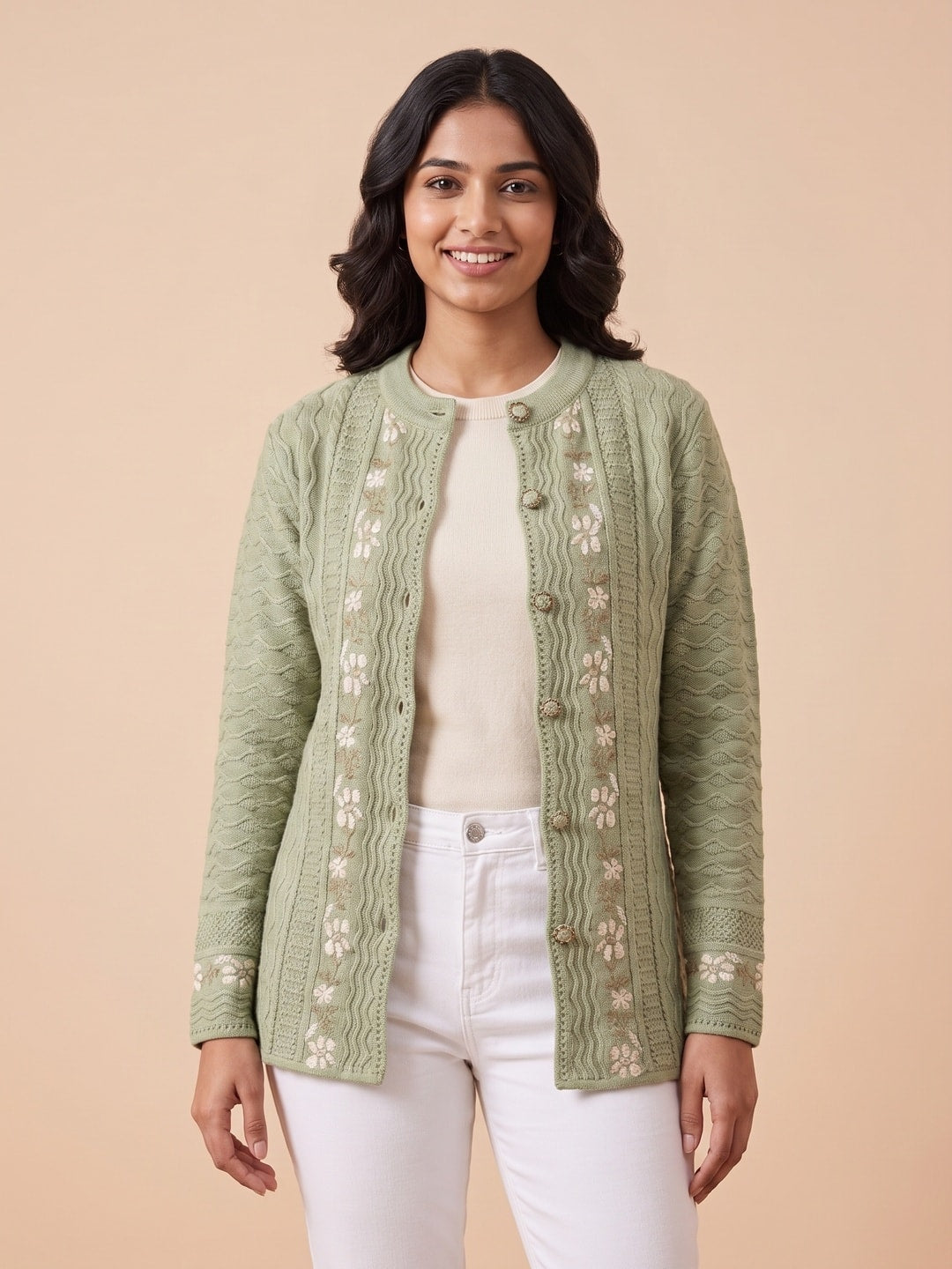 Green Woolen Knit Cardigan - Image 1