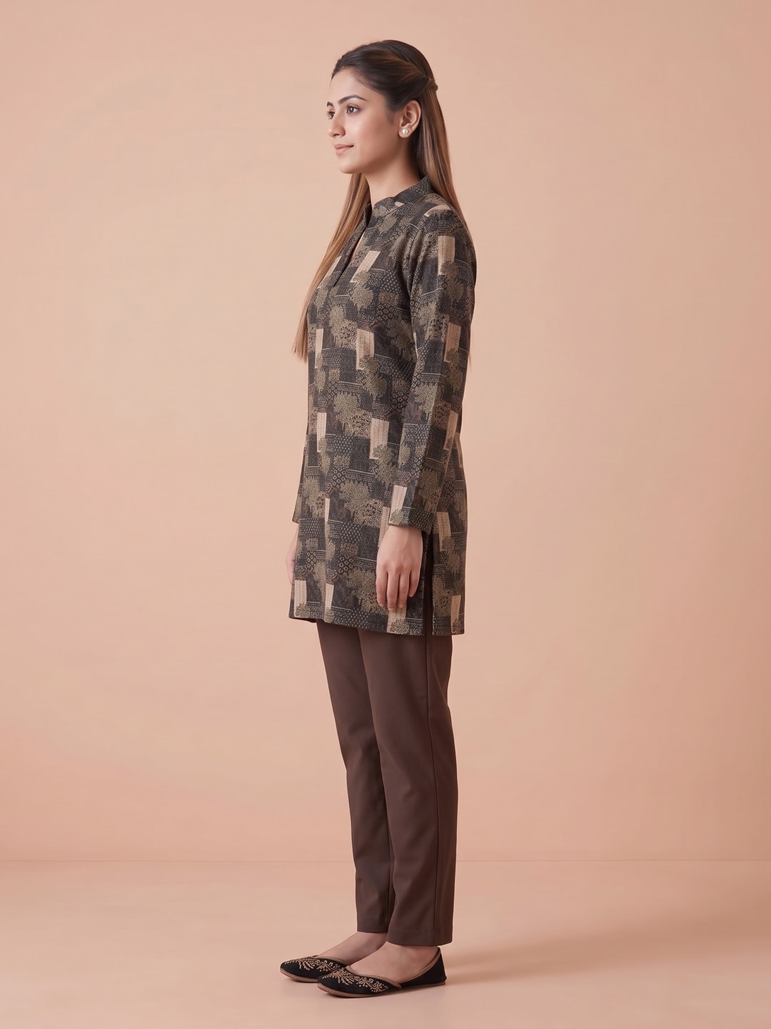 Peachmode Beige Woolen Floral Patchwork Printed Kurti - Image 3
