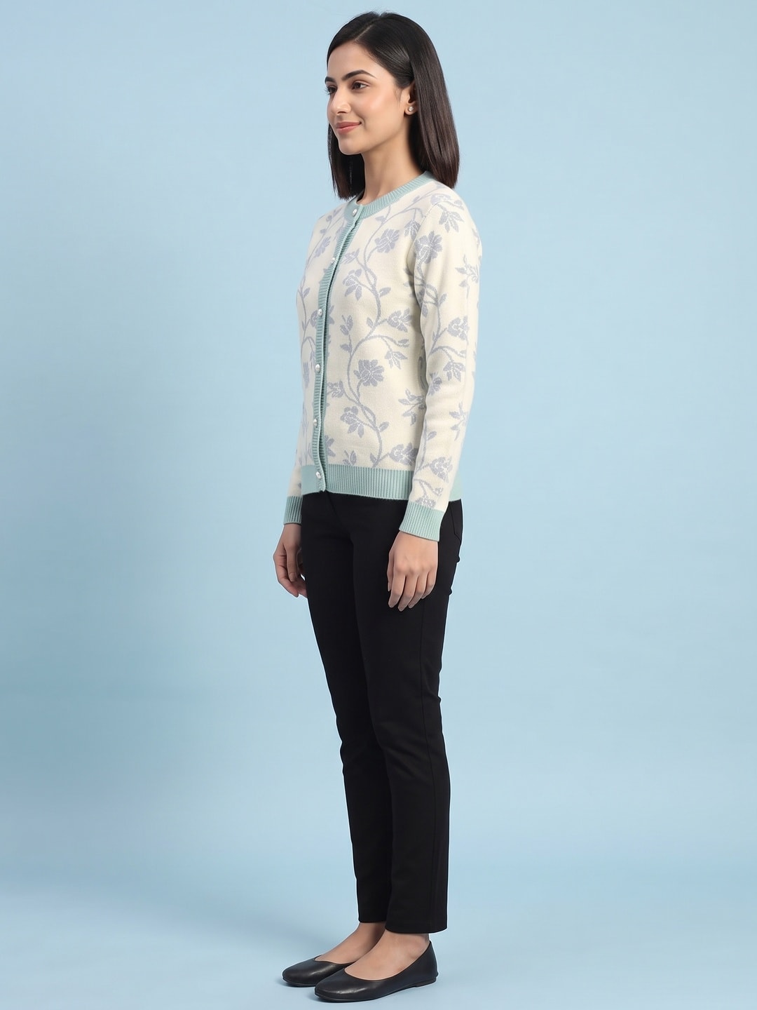 Peachmode Beige Woolen Embroidered Cardigan - Image 3