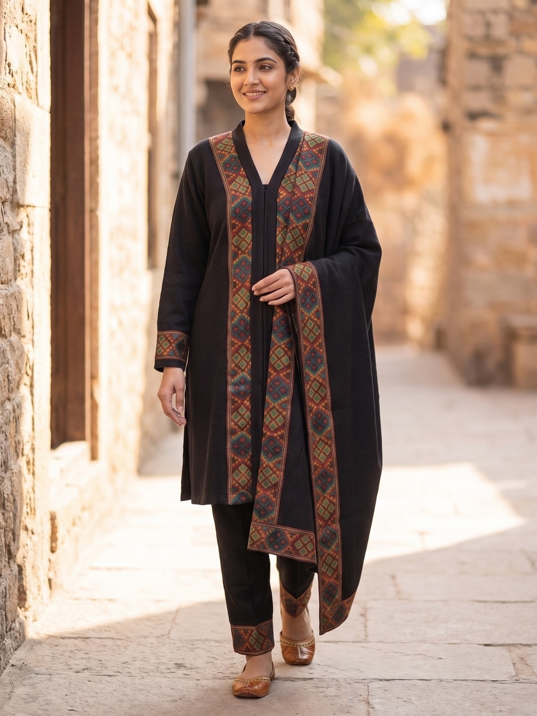 Peachmode Black Woolen Salwar Suit With Woven Border - Image 2