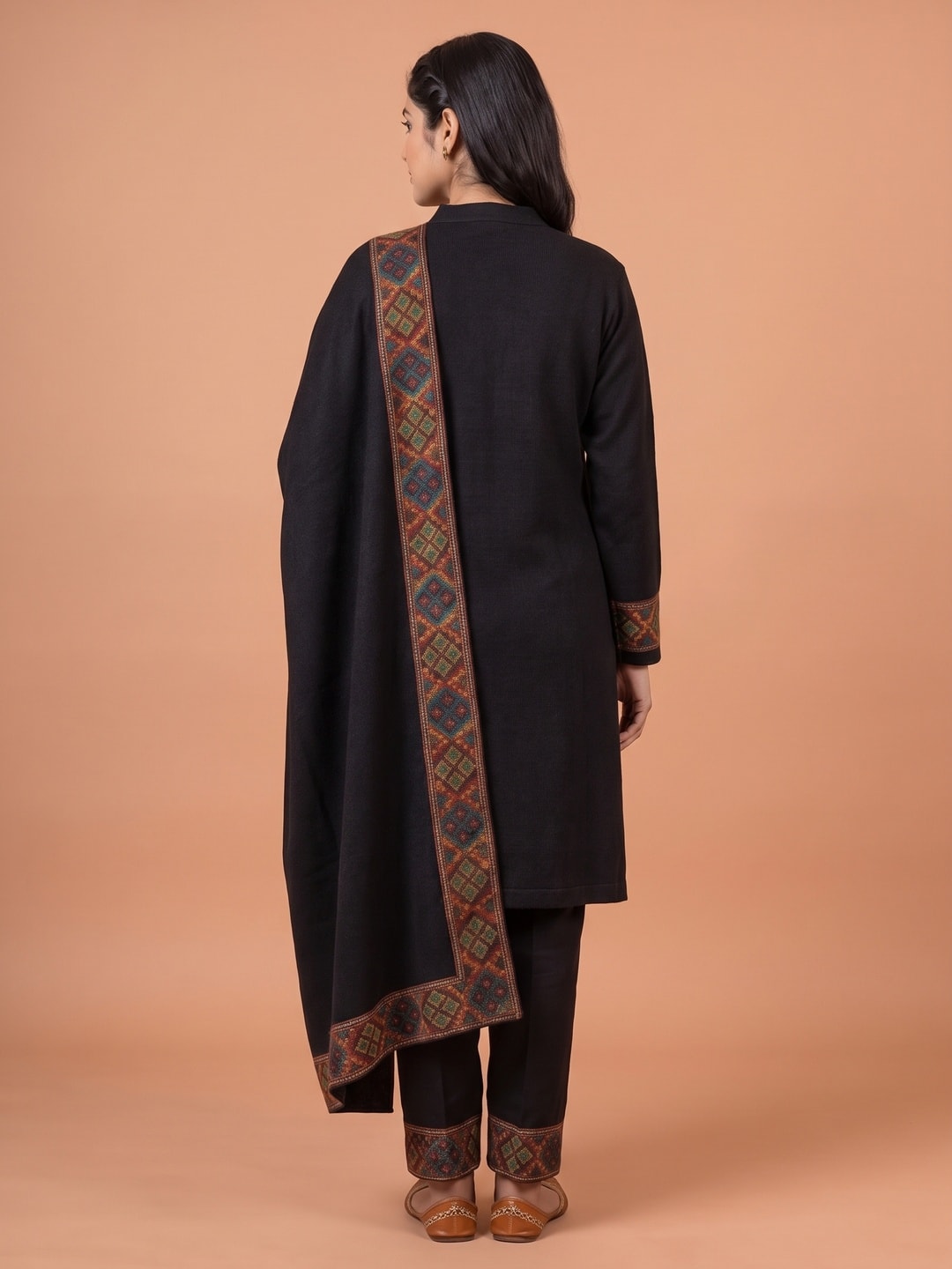 Peachmode Black Woolen Salwar Suit With Woven Border - Image 4