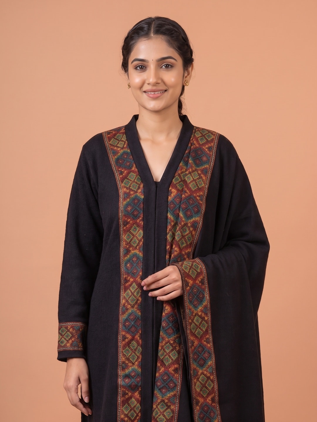 Peachmode Black Woolen Salwar Suit With Woven Border - Image 5