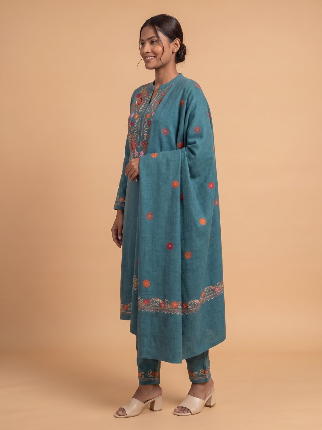 Peachmode Teal Woolen Salwar Suit With Floral Embroidery - Image 3