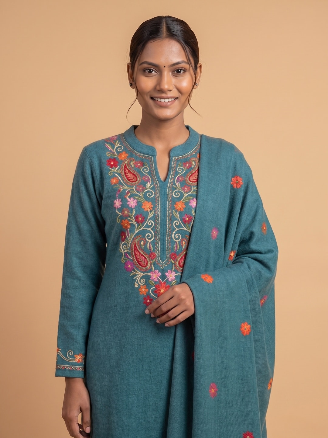 Peachmode Teal Woolen Salwar Suit With Floral Embroidery - Image 5
