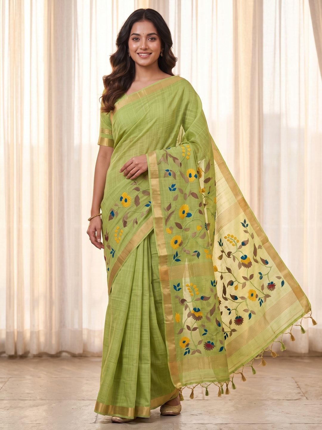 Peachmode Lime Green Jamdani Silk Floral Woven Saree - Image 1