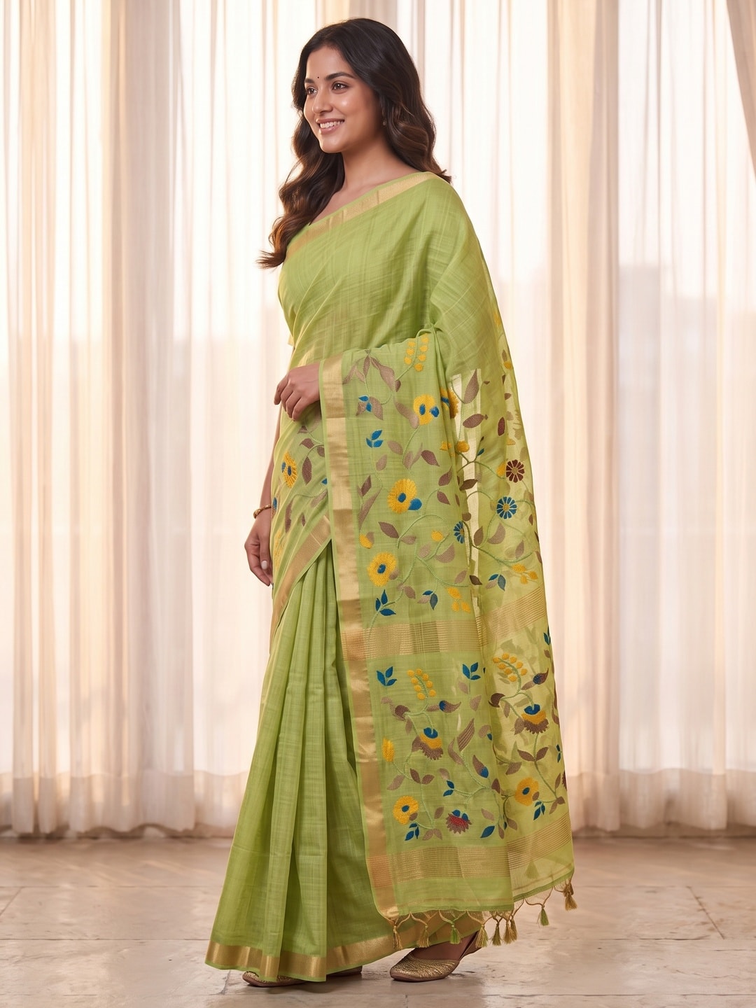Peachmode Lime Green Jamdani Silk Floral Woven Saree - Image 3