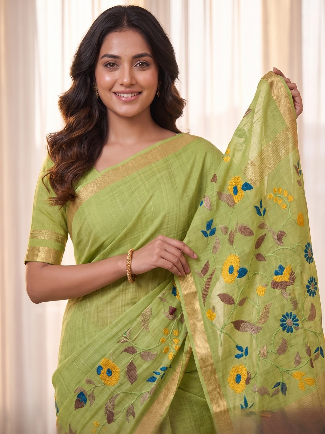 Peachmode Lime Green Jamdani Silk Floral Woven Saree - Image 5