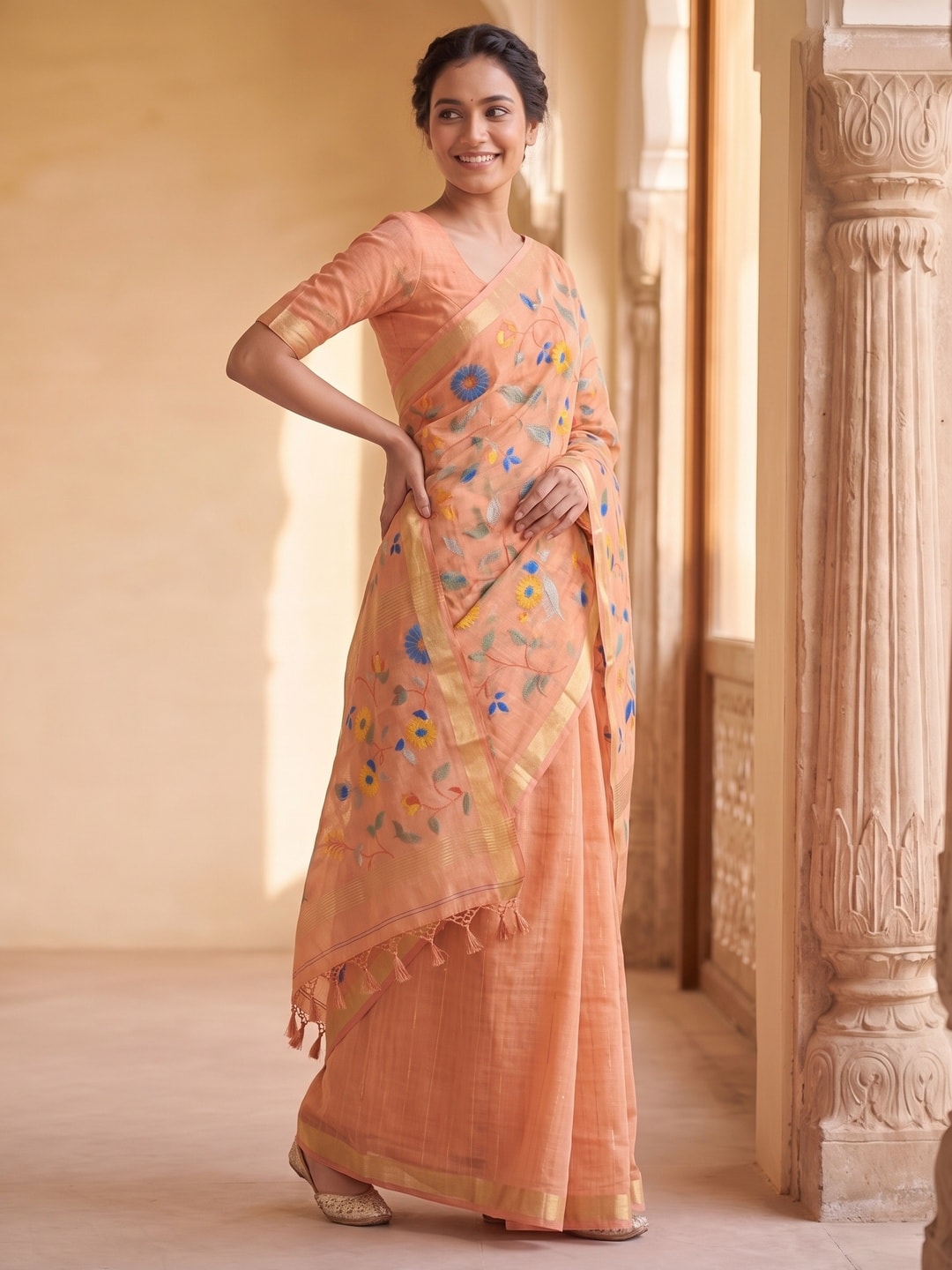 Peachmode Peach Jamdani Silk Floral Woven Saree - Image 2